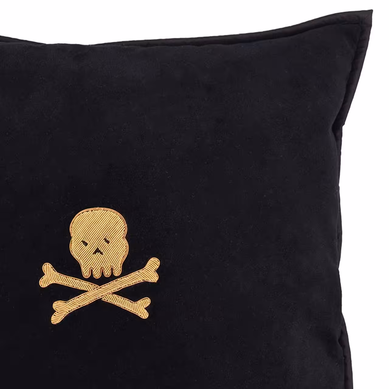Kissen schwarz mit goldener Stickerei Totenkopf auf weiß Detail