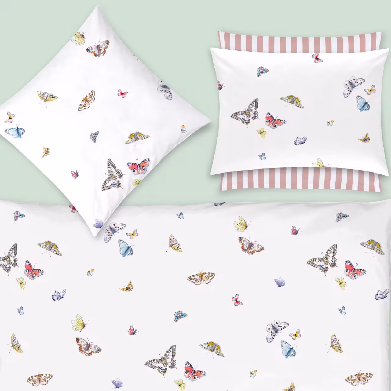 betttuch, kissenbezug, bettwäsche, schmetterlinge, muster schmetterlinge, Bettwäsche Vanessa von Christian Fischbacher - Garnitur