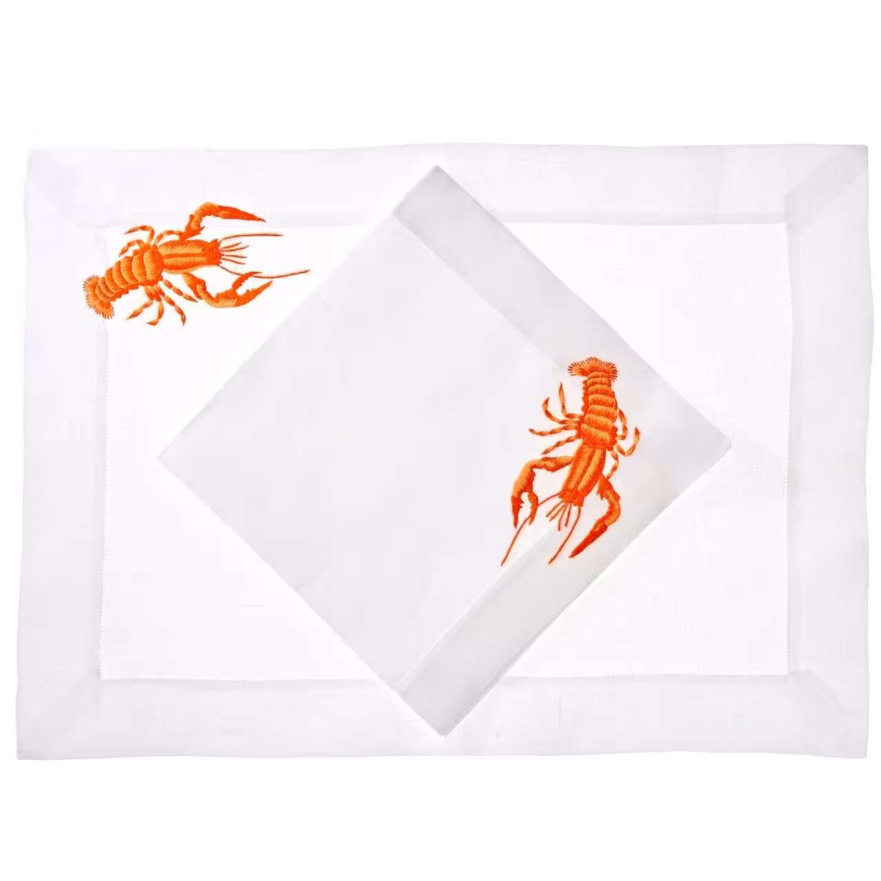 Serviette weiß mit orangener Stickerei Flusskrebs